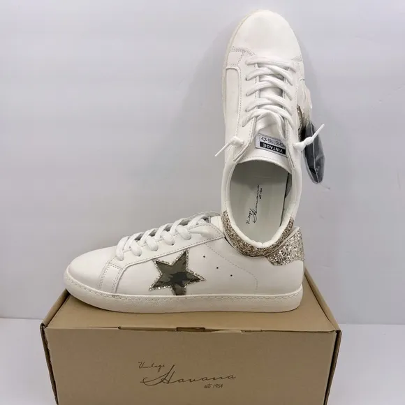 VINTAGE HAVANA, TENNIS SHOES, “WHITE” WITH CAMOUFLAGE &amp; GLITTERING DESIGN, 11.5