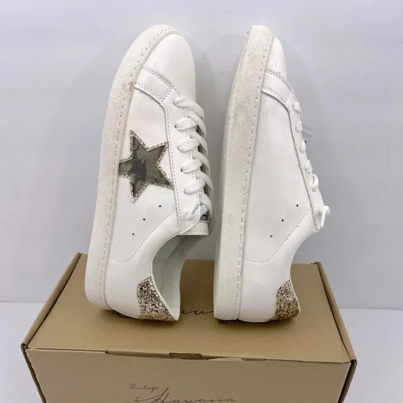 VINTAGE HAVANA, TENNIS SHOES, “WHITE” WITH CAMOUFLAGE &amp; GLITTERING DESIGN, 11.5