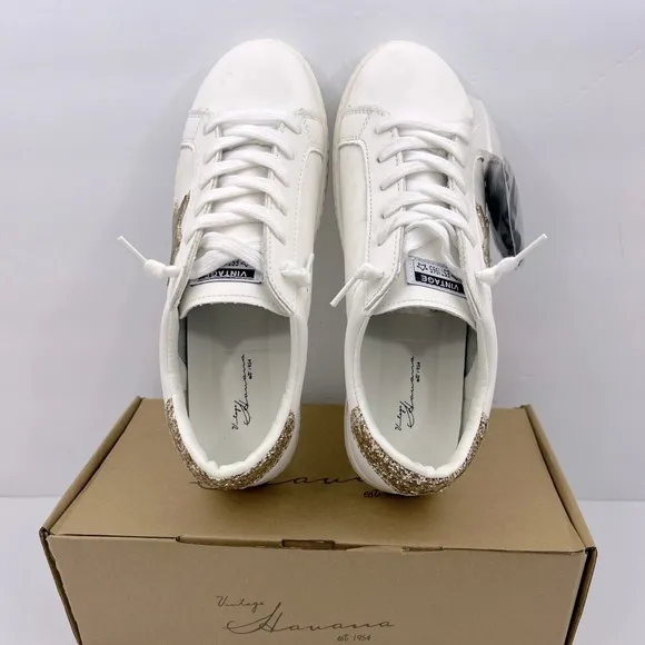 VINTAGE HAVANA, TENNIS SHOES, “WHITE” WITH CAMOUFLAGE &amp; GLITTERING DESIGN, 11.5