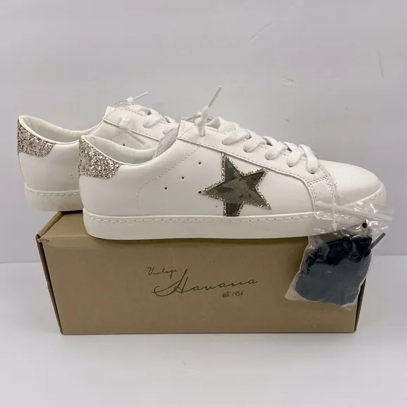 VINTAGE HAVANA, TENNIS SHOES, “WHITE” WITH CAMOUFLAGE &amp; GLITTERING DESIGN, 11.5
