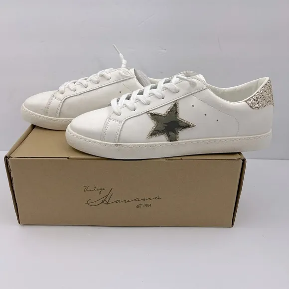 VINTAGE HAVANA, TENNIS SHOES, “WHITE” WITH CAMOUFLAGE &amp; GLITTERING DESIGN, 11.5