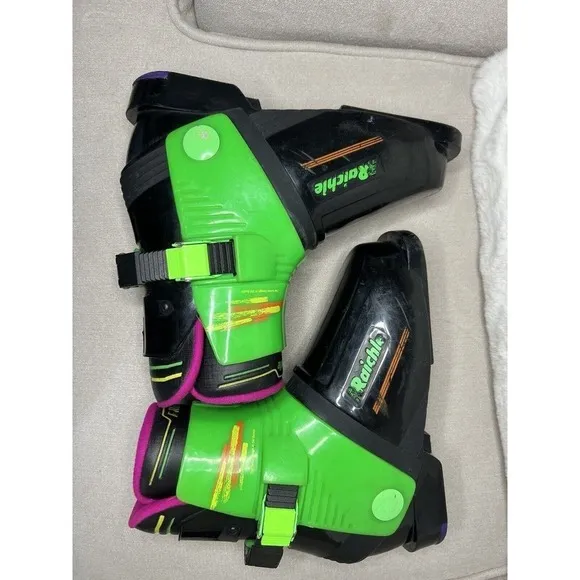 Vintage Made In Italy Raichle Ski Boots Neon Green Purple 251mm