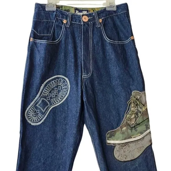 Vintage Raw Blue Jeans Embroidered Boot Baggy Skate Hip Hop Y2K Mens 34/32