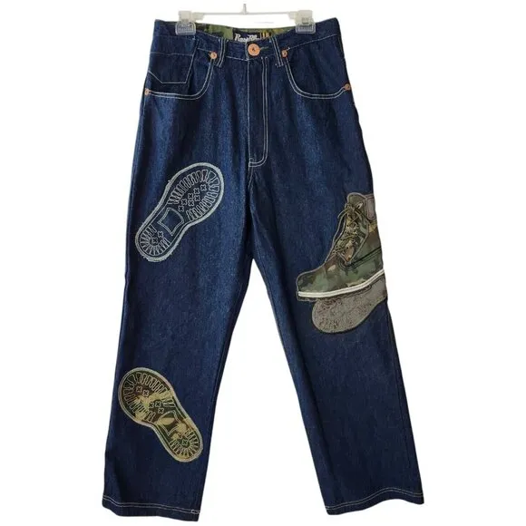 Vintage Raw Blue Jeans Embroidered Boot Baggy Skate Hip Hop Y2K Mens 34/32