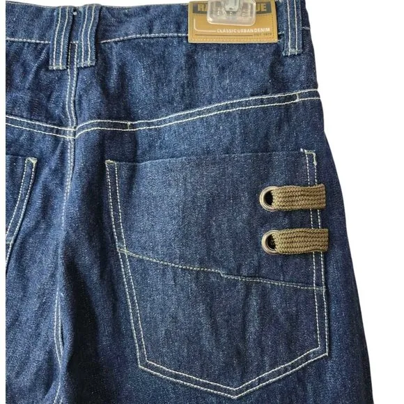 Vintage Raw Blue Jeans Embroidered Boot Baggy Skate Hip Hop Y2K Mens 34/32
