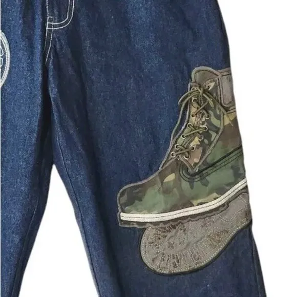 Vintage Raw Blue Jeans Embroidered Boot Baggy Skate Hip Hop Y2K Mens 34/32