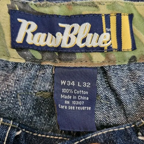 Vintage Raw Blue Jeans Embroidered Boot Baggy Skate Hip Hop Y2K Mens 34/32