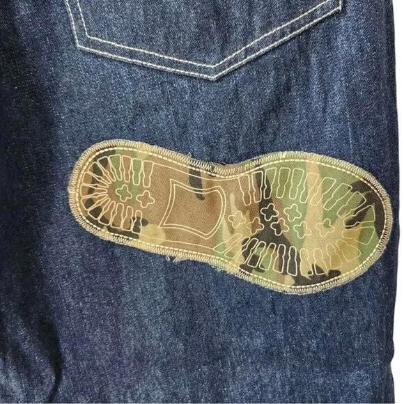 Vintage Raw Blue Jeans Embroidered Boot Baggy Skate Hip Hop Y2K Mens 34/32