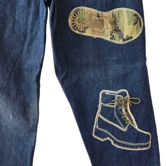 Vintage Raw Blue Jeans Embroidered Boot Baggy Skate Hip Hop Y2K Mens 34/32