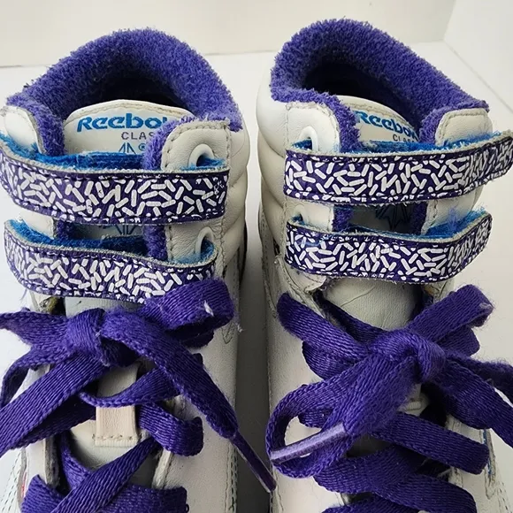 Vintage Reebok Classic Freestyle Hi-Top Sneakers White Purple Blue Kids 4.5
