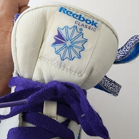 Vintage Reebok Classic Freestyle Hi-Top Sneakers White Purple Blue Kids 4.5