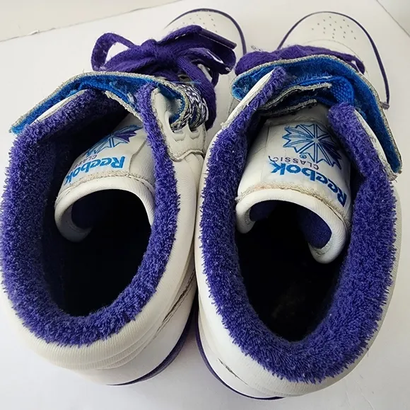 Vintage Reebok Classic Freestyle Hi-Top Sneakers White Purple Blue Kids 4.5
