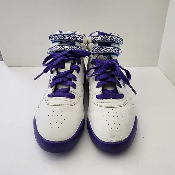 Vintage Reebok Classic Freestyle Hi-Top Sneakers White Purple Blue Kids 4.5