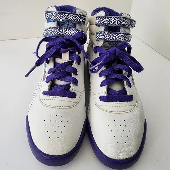 Vintage Reebok Classic Freestyle Hi-Top Sneakers White Purple Blue Kids 4.5