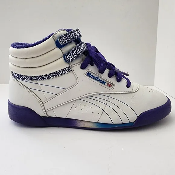 Vintage Reebok Classic Freestyle Hi-Top Sneakers White Purple Blue Kids 4.5