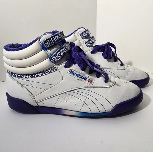 Vintage Reebok Classic Freestyle Hi-Top Sneakers White Purple Blue Kids 4.5