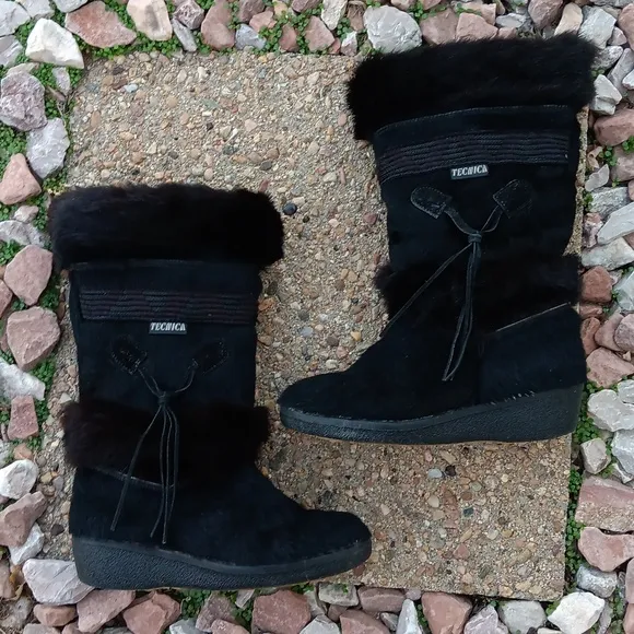 Vintage Tecnica Apres Ski Black Fur Winter Boots Womens  Sz 7