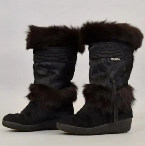 Vintage Tecnica Apres Ski Black Fur Winter Boots Womens  Sz 7