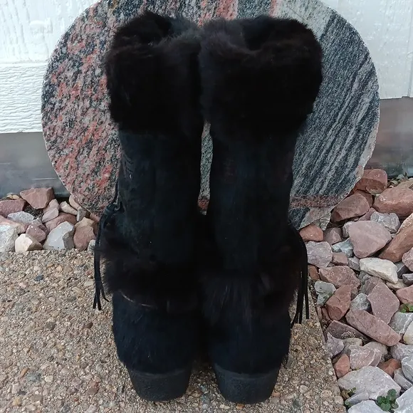 Vintage Tecnica Apres Ski Black Fur Winter Boots Womens  Sz 7