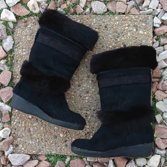 Vintage Tecnica Apres Ski Black Fur Winter Boots Womens  Sz 7