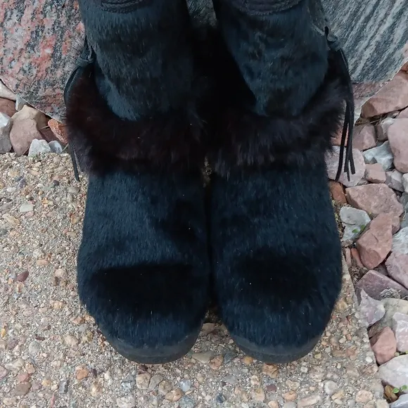 Vintage Tecnica Apres Ski Black Fur Winter Boots Womens  Sz 7