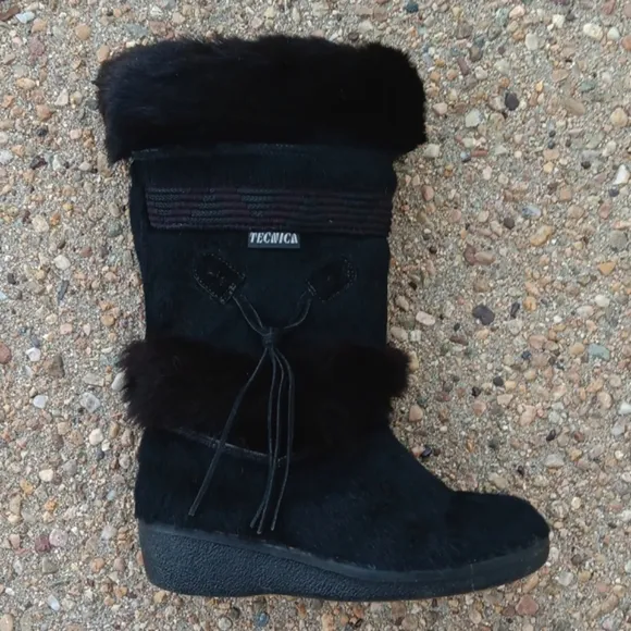 Vintage Tecnica Apres Ski Black Fur Winter Boots Womens  Sz 7