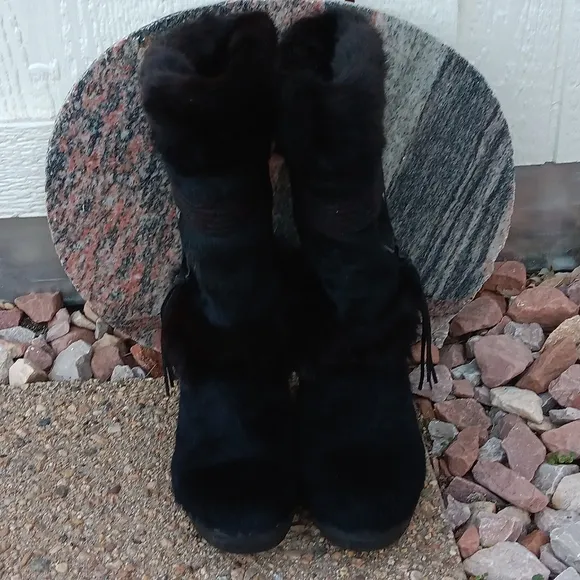 Vintage Tecnica Apres Ski Black Fur Winter Boots Womens  Sz 7