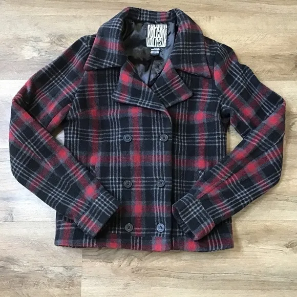 Vtg Volcom Jacket Size Small Y2K Coat Wool Pea Tartan Plaid Red Black