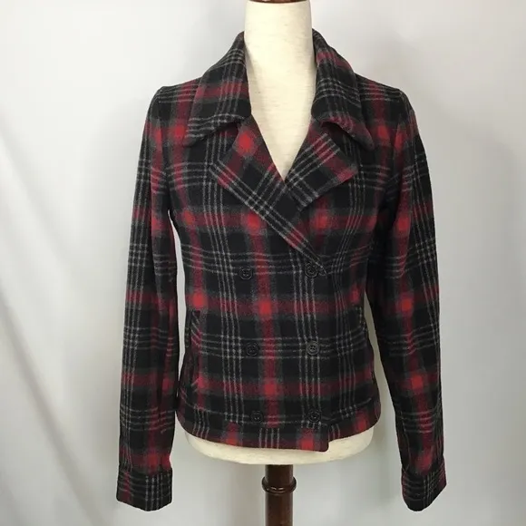 Vtg Volcom Jacket Size Small Y2K Coat Wool Pea Tartan Plaid Red Black