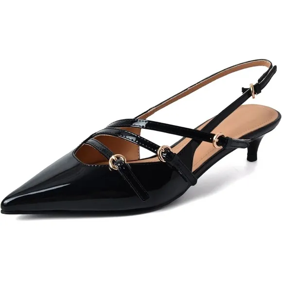 Women's Slingback Kitten Heels Sexy Pointed Toe Low Heels with Buckle Black #9