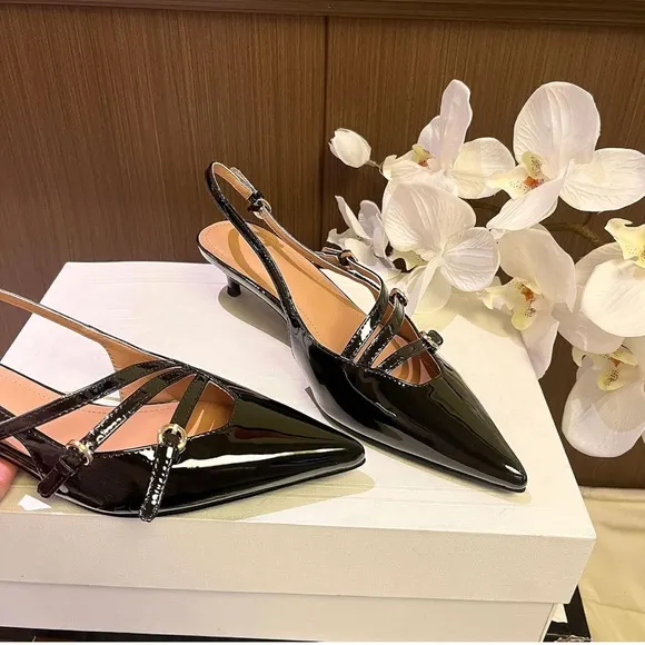 Women's Slingback Kitten Heels Sexy Pointed Toe Low Heels with Buckle Black #9