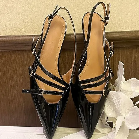 Women's Slingback Kitten Heels Sexy Pointed Toe Low Heels with Buckle Black #9