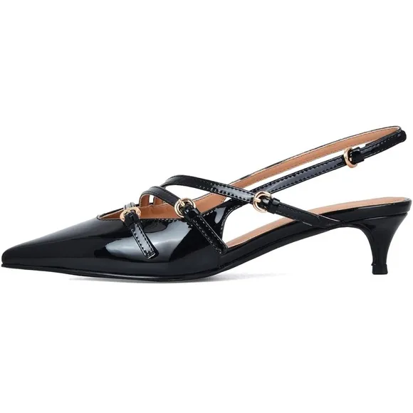 Women's Slingback Kitten Heels Sexy Pointed Toe Low Heels with Buckle Black #9