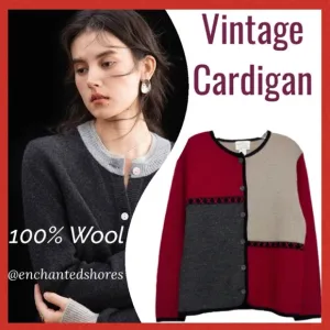 Wool Cardigan Sweater Jacket Vintage Hand Embroidery Colorblock Red Tan Beige