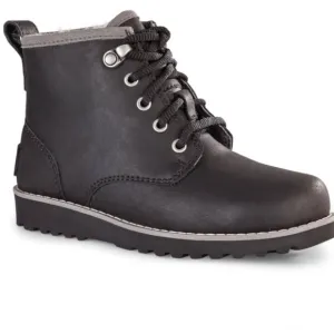 Youth UGG Maple II Black Boots Leather Waterproof Lace Up fleece Sherpa size 6